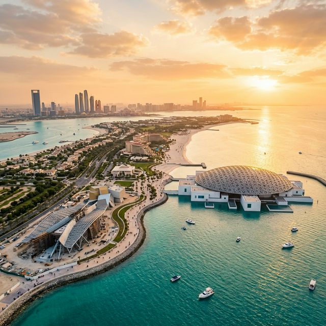 Saadiyat Island cultural district panorama at golden hour